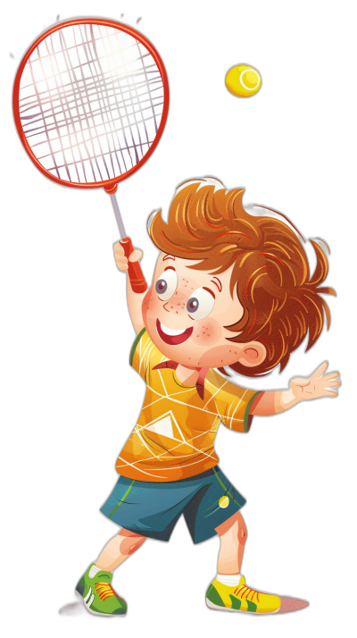 boy playing badminton, happy face, vector illustration for children's book, cartoon style, high resolution, black background, colorful