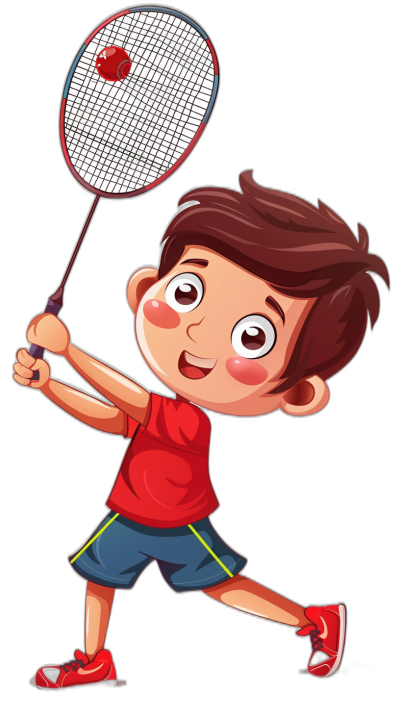 A cute little boy playing badminton in a vector illustration style with simple lines on a black background in the style of cartoon character design with a red and blue color scheme featuring bold cartoon characters with expressive eyes and a friendly demeanor wearing sports  and holding a racket in his hand. High resolution.