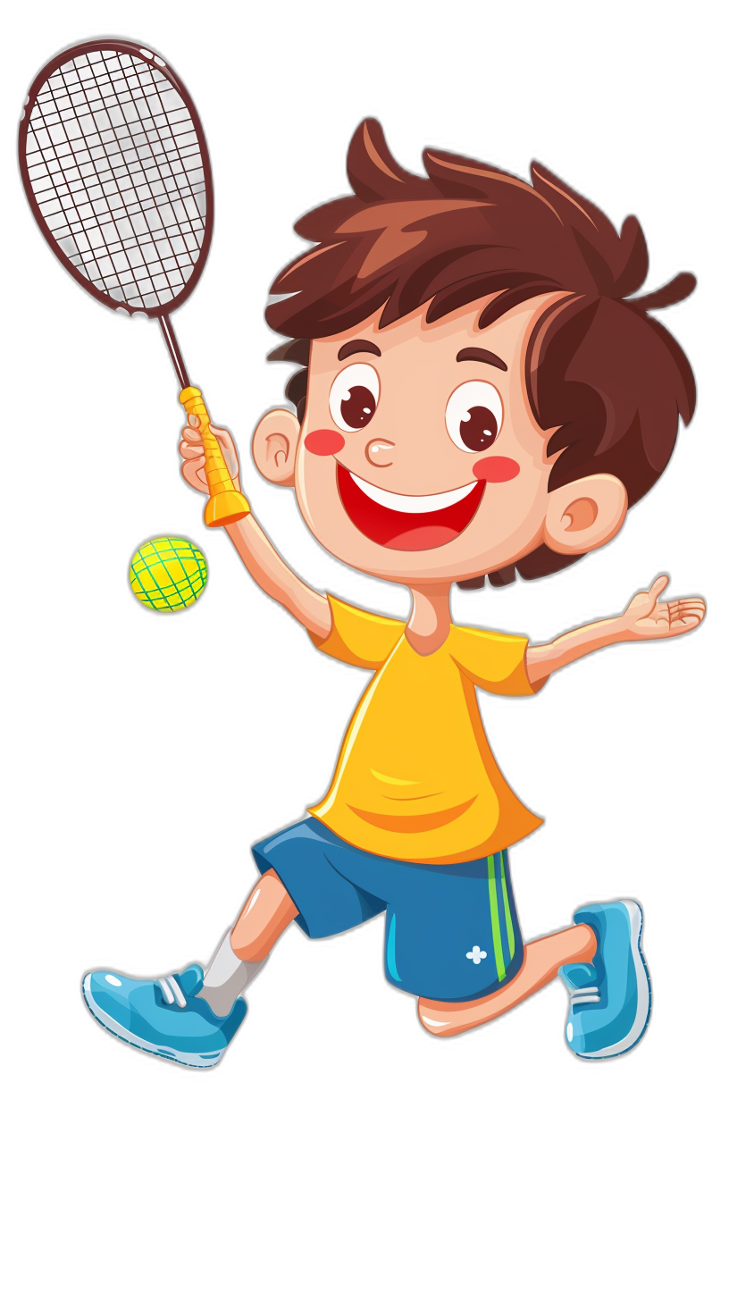 A cute little boy playing badminton in a vector illustration style with a simple stroke structure and flat color blocks on a black background. The boy is wearing a yellow t-shirt, blue shorts, and white shoes. He has red hair and is smiling with an energetic and happy expression as he jumps to hit the ball on the left side of his chest area, holding the racket in his right hand. The colors used are warm.