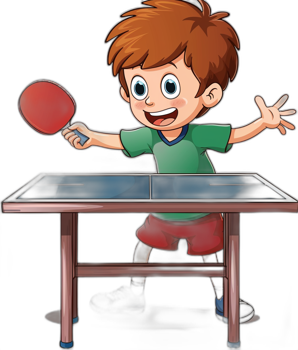 cartoon style, happy boy playing table tennis with black background, vector illustration, full body shot, high resolution, high quality