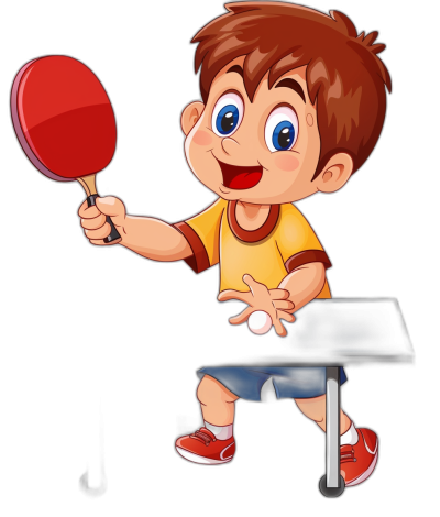 cartoon kid playing table tennis, holding red paddle in hand and hitting white ball on black background