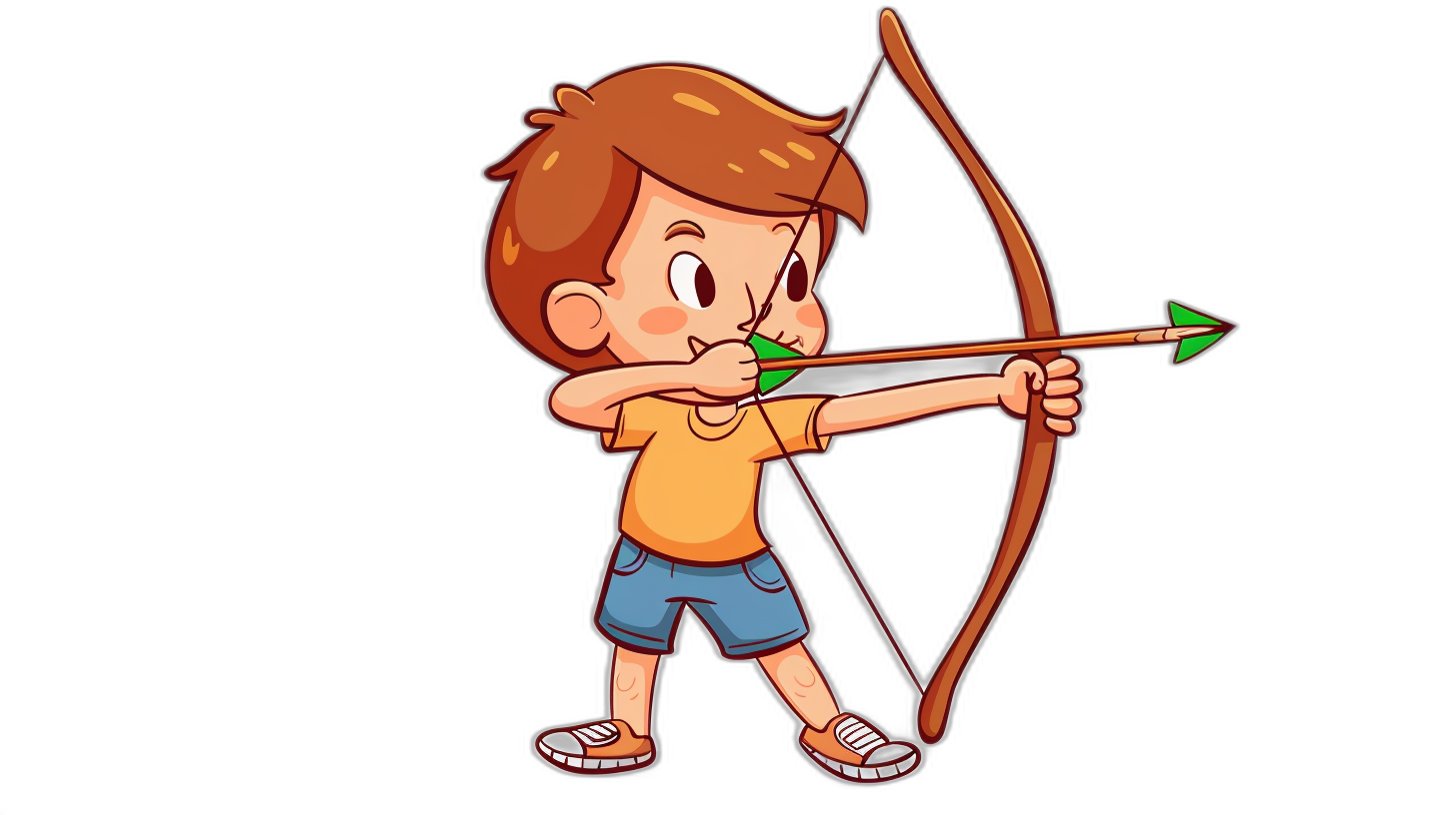 Cute cartoon vector style boy shooting a bow and arrow, isolated on a black background, high resolution, high detail, sharp image, in the style of super real photography.