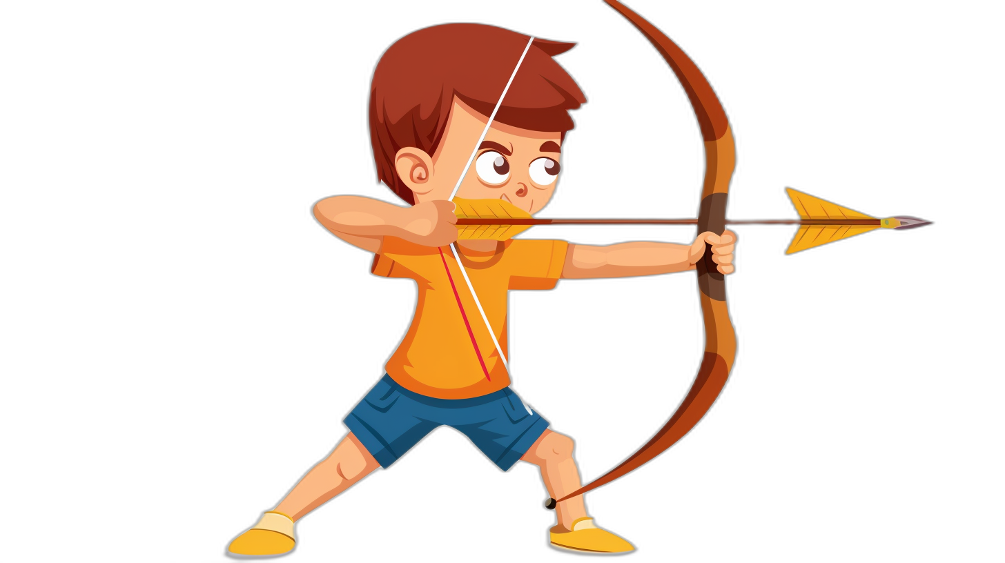 A cartoon boy shooting an arrow, vector illustration with a black background. The character is wearing blue shorts and a yellow t-shirt, holding the bow in his right hand while aiming at something. He has brown hair and big eyes, adding to his cute appearance. Vector Illustration on a Black Background. Isolated object isolated on a white background.