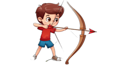 A cartoon-style boy with brown hair, wearing blue shorts and red t-shirt is shooting an arrow from his bow isolated on black background. The archer has big eyes and skinny body shape. Cartoon style vector illustration for kids book.