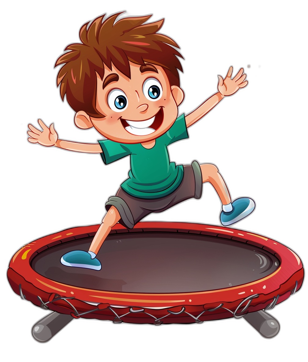 a cartoon illustration of an happy boy jumping on trampoline, clip art style with black background