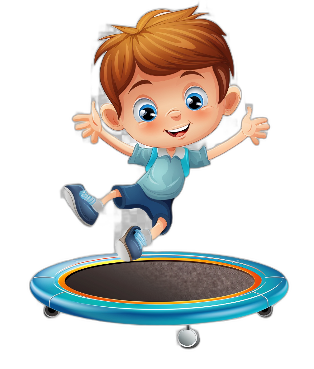 A cartoon boy jumping on the trampoline in the style of clip art with a black background.