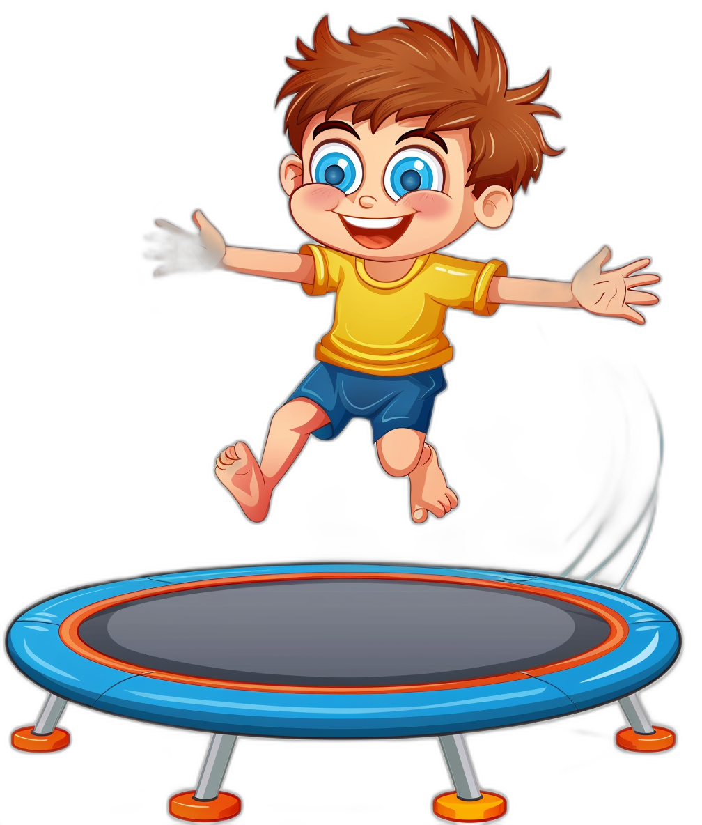 A cartoon boy jumping on the trampoline in a vector illustration style with a black background. The character is wearing blue shorts and a yellow t-shirt. He has brown hair and big eyes, smiling happily while enjoying his activity. A colorful trampoline can be seen under him. It’s an energetic scene that captures young children engaged in physical play. Vector Illustration, Black Background, Detailed Character Design, Cartoon Style.