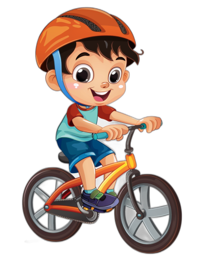 Cute cartoon vector style boy riding bicycle, wearing a helmet and a blue shirt with orange short pants on a black background, with no text in the picture, high resolution, 2D design in the style of for kids book illustration.