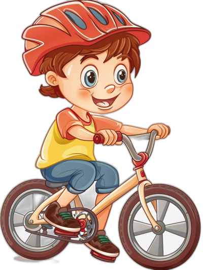 A cute cartoon boy riding bike, simple flat vector illustration with black background, wearing helmet and shoes, big eyes, smiling face, red hair, yellow shirt and blue shorts, short brown curly hair, colorful, full body shot, side view, no shadows, high resolution, high quality