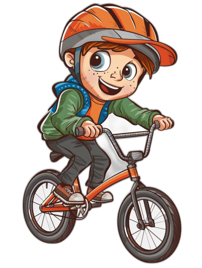 A cute cartoon boy riding an orange and black bike, with big eyes, wearing a helmet and green jacket, vector illustration for a t-shirt design, solid background, without mockup or text, in the style of no specified artist.