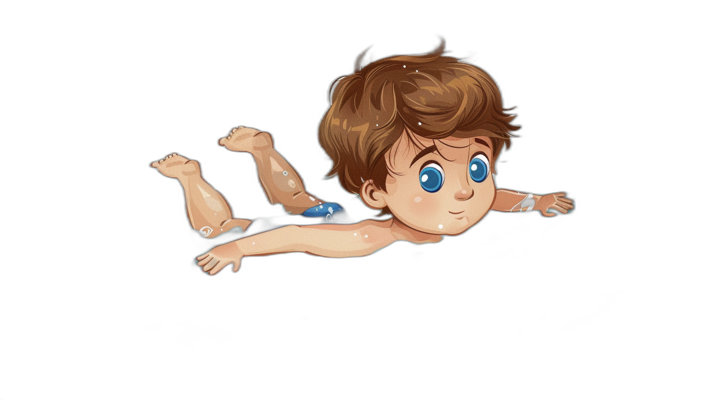 Cute cartoon vector illustration of an adorable little boy with brown hair and blue eyes swimming in the air, on a black background. The illustration is drawn in the style of a cartoon vector with minimal editing to the original text. Any Chinese characters were removed.