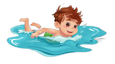 A cute cartoon boy is swimming in the water with a happy expression against a black background. The illustration is in a flat style with simple strokes and a blue and green color palette. Colorful cartoon characters are depicted in a high-end design style in the full body perspective with high definition and resolution. The overall shape of the boy is round with short brown hair and big eyes. He is wearing .