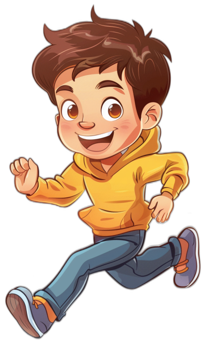 A cute cartoon avatar of an animated boy with brown hair, wearing blue jeans and a yellow hoodie is running happily on a black background. The illustration style should be vibrant and colorful, suitable for children's book illustrations or in the style of Disney animation. He has big eyes, a round face, a smile, and bright colors to make him more appealing. Make sure the character appears lively in his action pose.