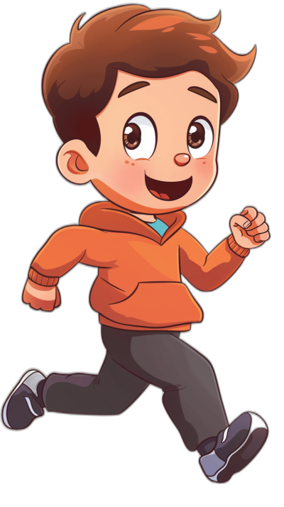 A cute cartoon boy with brown hair, wearing an orange hoodie and black pants is running, smiling happily. The background color of the illustration should be pure black to highlight his character. He has big eyes and short hair in the style of Disney. His facial features are simple yet expressive, adding charm to him as he runs with confidence. Cartoon Illustration Style. Black Background.