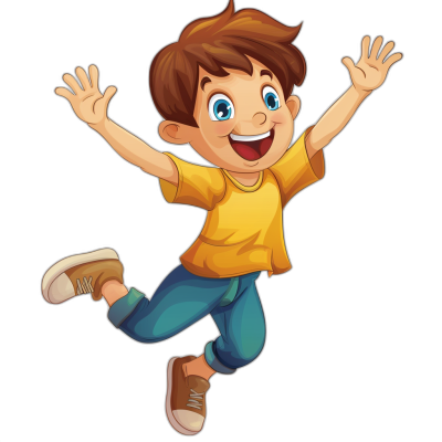 A cartoon boy is jumping, with his hands raised and smiling happily. He wears blue jeans, brown shoes, and a yellow short-sleeved shirt. He has big eyes against a simple black background. The drawing is in the style of a simple cartoon.