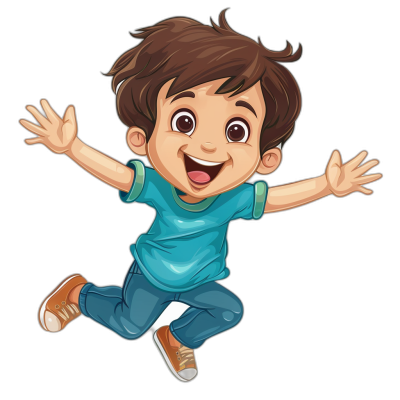 A cute cartoon avatar of an Asian boy with brown hair, wearing blue short sleeves and jeans, jumping up happily on the black background., focus one face, big eyes, happy smile, bright colors, high-definition resolution,,in