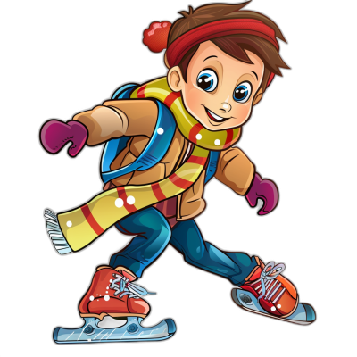 A cartoon-style boy ice skating, clip art style with vibrant colors and simple shapes suitable for an animated video or game character design on black background. The figure is wearing winter  like gloves, scarf around his neck, jacket, shoes that match the sport of rollerblading. He has bright blue eyes and brown hair tied back in two pigtails. His face radiates joy as he glides across the rink. It's a fun and energetic scene perfect for children aged three to six years old.