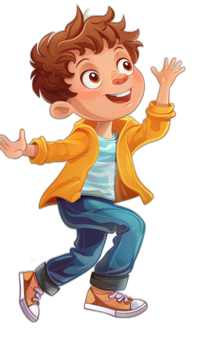 A cute boy with brown hair, blue jeans and a yellow jacket is jumping up in the air with his hands raised. He has big eyes and wears sneakers on a black background, in the cartoon style, in the style of Disney Pixar, as a full body shot, at high resolution, with high detail, using colorful, bright colors, with colorful , on a solid white isolated background.