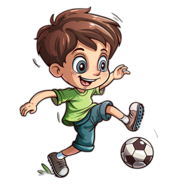 cartoon style, happy boy playing soccer with ball on black background, clip art sticker vector cartoon illustration, high resolution, clean and sharp inking