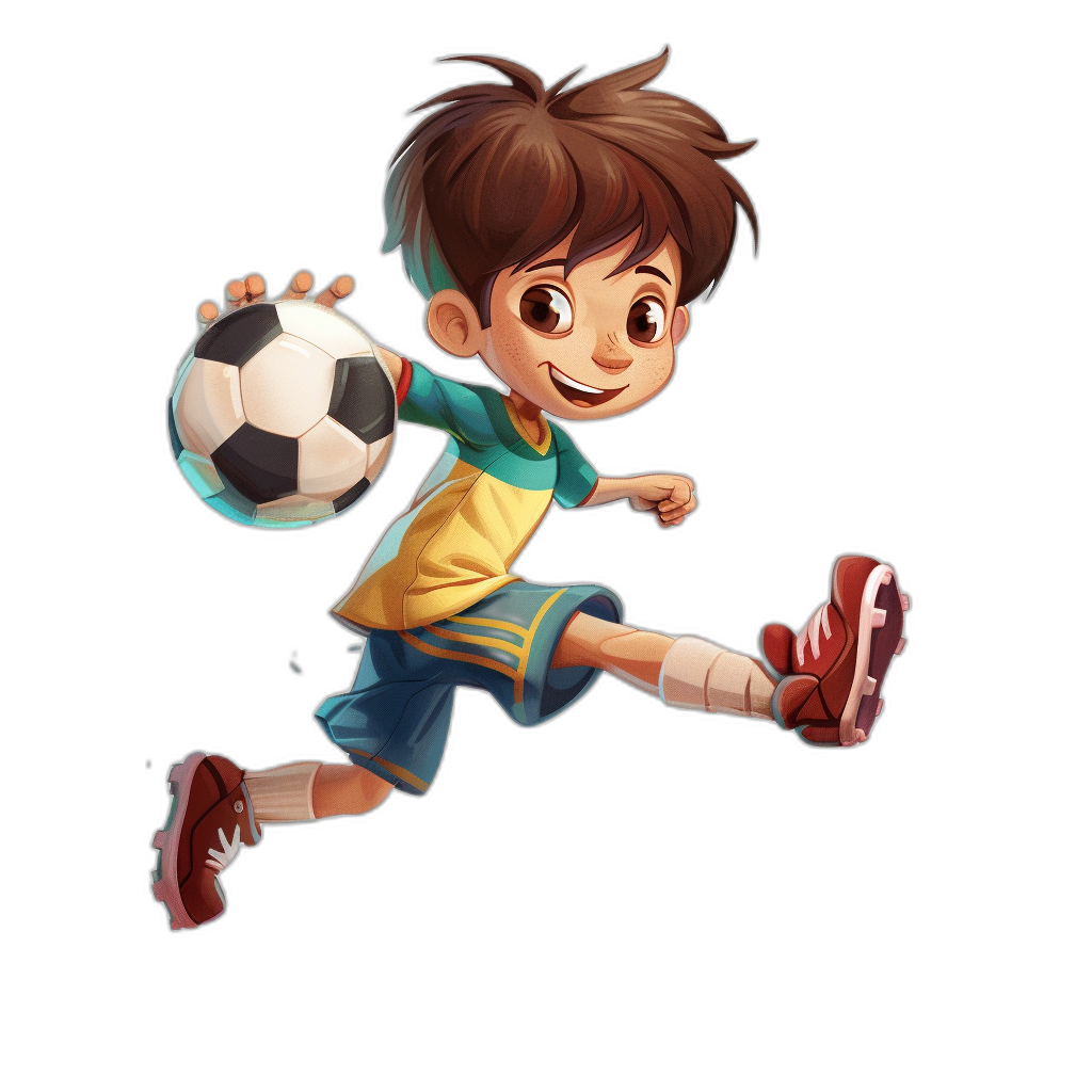 A cute cartoon boy playing football in a full body shot game character design against a black background in the flat illustration style of Disney Pixar animation. He has brown hair and blue eyes, wearing a yellow shirt with green short sleeves and red shoes. Kicking the ball in mid-air with a happy expression, the image contains high quality details in high resolution and high definition.