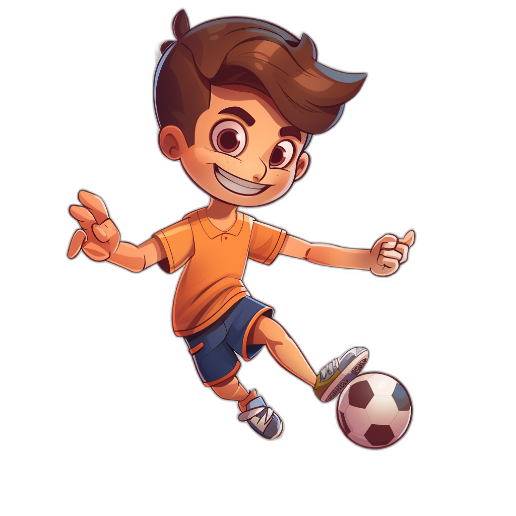 Cute cartoon boy playing football in the style of Disney, vector illustration with black background, full body portrait, wearing an orange t-shirt and blue shorts, cute expression on face, smiling happily, kicking the ball in his right hand, kicking the soccer ball with his left foot, high quality details, 2D flat design, in the style of Pixar animation, professional character design, in