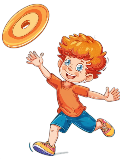 vector cartoon of boy with ginger hair playing frisbee, solid black background, no shadow on the ground