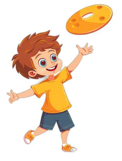 A cartoon boy is playing frisbee in the style of vector illustration with a black background. He has brown hair and blue eyes wearing an orange t-shirt and gray shorts with yellow shoes. The character appears to be in the middle of throwing or catching the frisbee. It's very colorful. There should not be any shadows on his face, he looks happy and joyful. Vector graphics, flat design, simple lines, no gradients, 2D shapes. In a full view with a centered composition. Isolated on a black background.