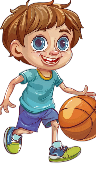 A cute cartoon of a happy boy playing basketball, vector illustration, in the colorful cartoon style with a black background. The character is wearing a blue t-shirt and purple shorts. He has big eyes and brown hair, holding the ball in his hand while running on all fours. His expression was filled with joy as he. Cartoon design elements should be used to highlight details such as shoes, sneakers. Vector graphic, in the comic book art style, high resolution.