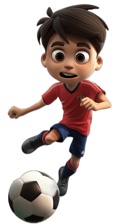 3D cartoon, happy boy soccer player in a red jersey kicking a ball, in the style of Pixar, adorable eyes, lovely, matte finishing, warm colors of the skin, black background, no shadows on the body