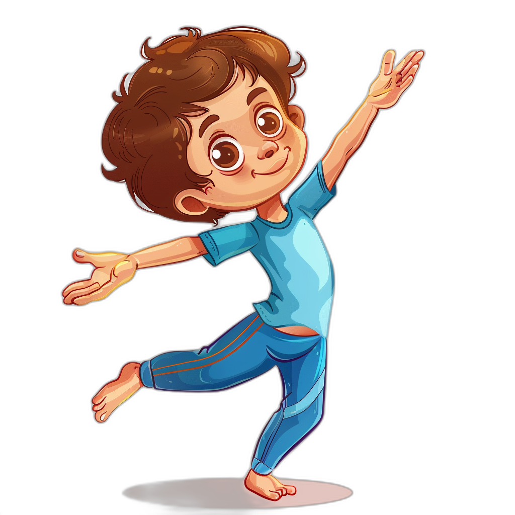 cartoon brown-haired boy wearing a blue t-shirt and pants doing a dancing pose against a black background in the style of game art.