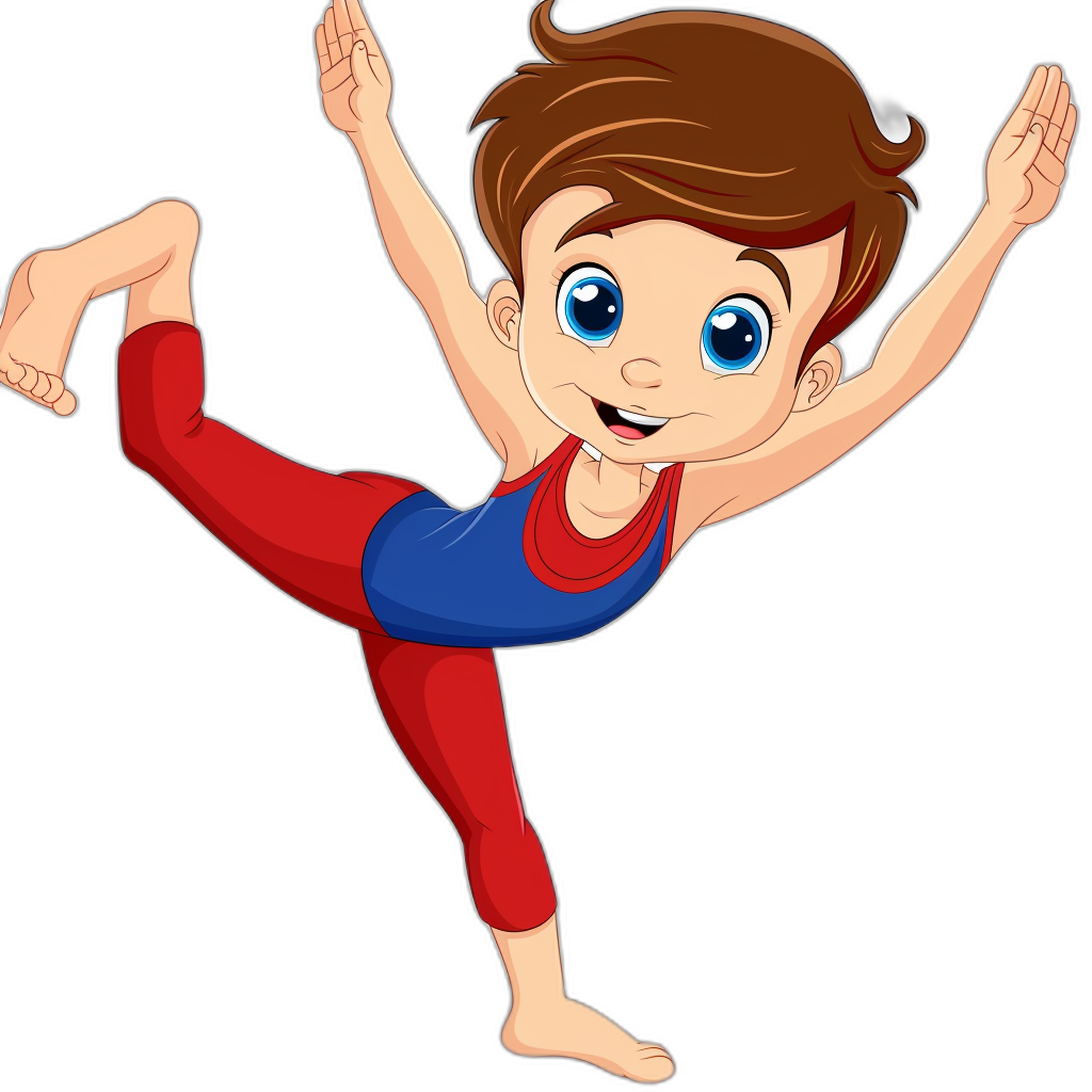 A cartoon boy doing yoga, vector illustration with solid black background. The little girl is wearing red and blue spandex pants for the sport of gymnastics, with her hair in pigtails and big eyes looking happy while performing an elegant cartwheeling leg salto pose. She has short brown hair. Her head turned to face camera, showing off his smiling expression. In full body view, she stands upright, arms raised up above her head as if ready to do the high jump or balance on one foot. Pixar style. Cartoon character design. Vector art illustration. Isolated on Black Background.