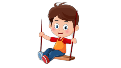 A cartoon boy is sitting on the swing with a happy expression against a simple black background. The flat illustration style is in the style of a children's version with bright colors and a high-definition resolution. The bright lighting keeps the focus on the characters with a cartoon character design meant to be cute and adorable. The boy has brown hair and blue eyes while wearing red shoes and an orange T-shirt.