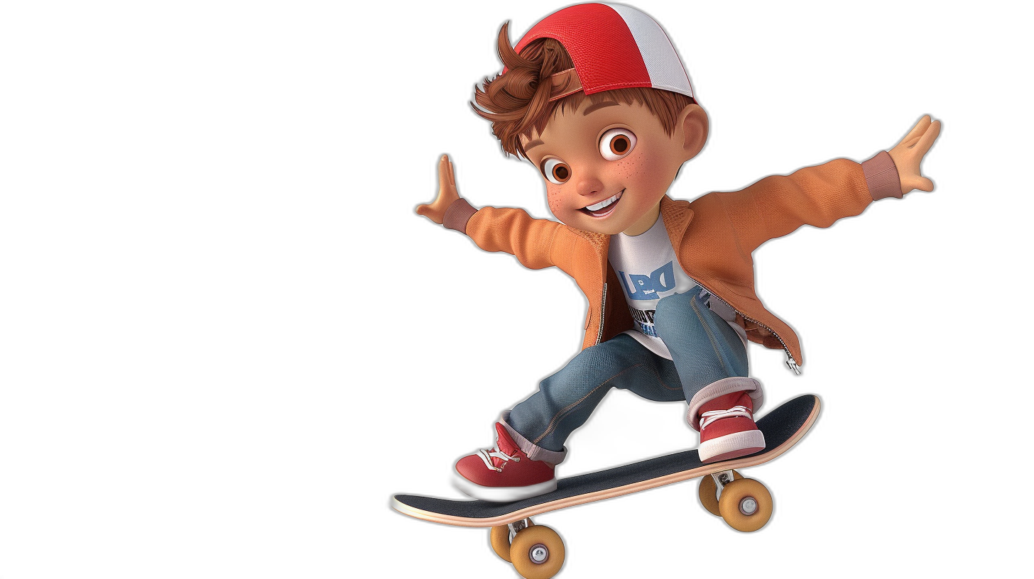 A cartoon boy is skateboarding, wearing a cap and jacket, in the style of Disney, on a black background, with 3D rendering, in the style of a cartoon character design, in high definition.