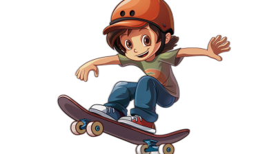 A cartoon boy in an orange helmet is riding on his skateboard against a black background in the style of anime.