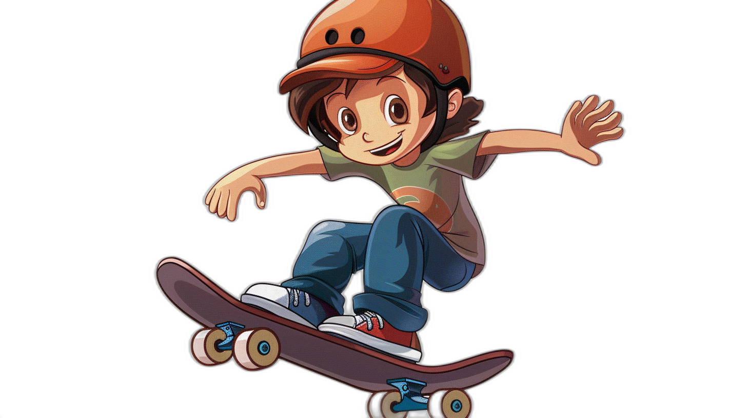 A cartoon boy in an orange helmet is riding on his skateboard against a black background in the style of anime.