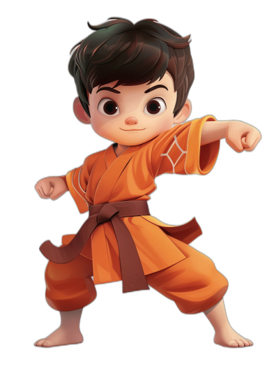 A cute little boy in an orange martial arts outfit, doing karate moves in the style of a full body chibi character design in the 2D game art style of Disney Pixar animation, on a black background, with no outline or text, at a high resolution with no low quality or cluttered details, featuring high detail and best quality.