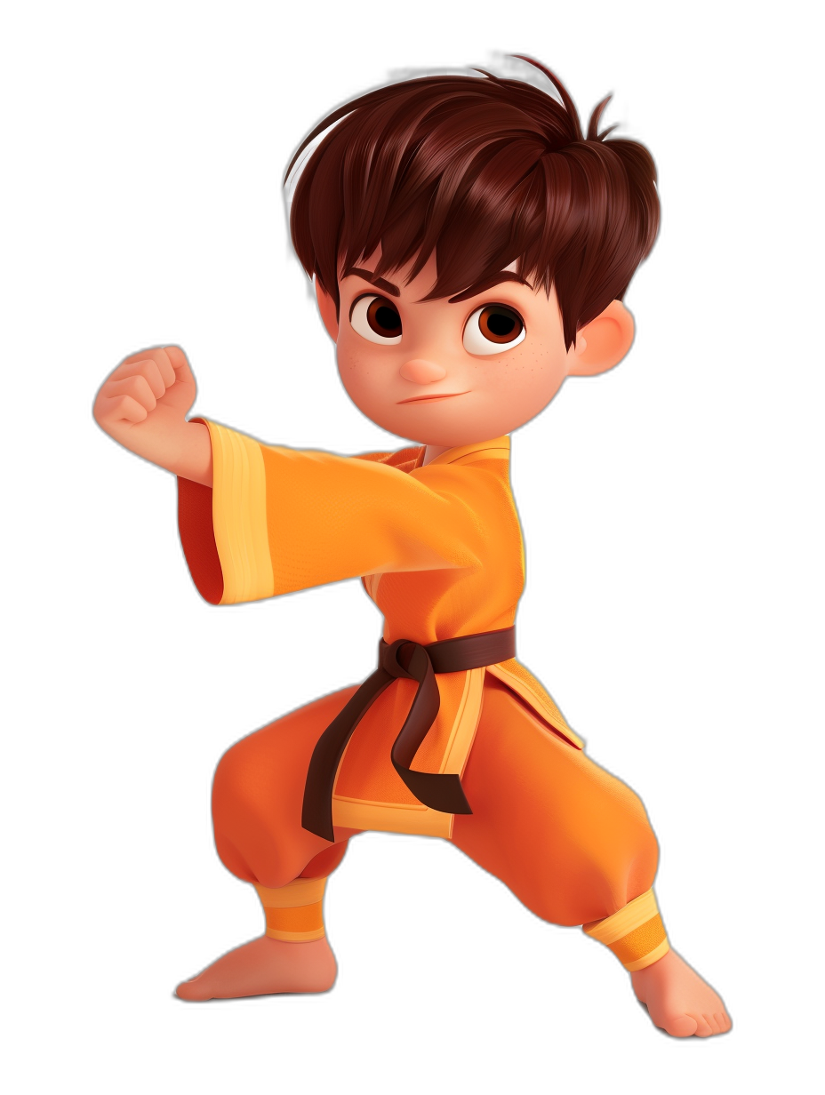 A cute little boy in a karate outfit, with a Pixar style cartoon character design and a simple background. A full body shot of the boy, with black hair and brown eyes, and simple details. He is wearing an orange karate attire, with no outline around the character and a white border on all sides. A 3D rendering of the boy in the style of a Pixar cartoon, with studio lighting and a black isolated background. A full-body pose of high resolution, detail, and quality.