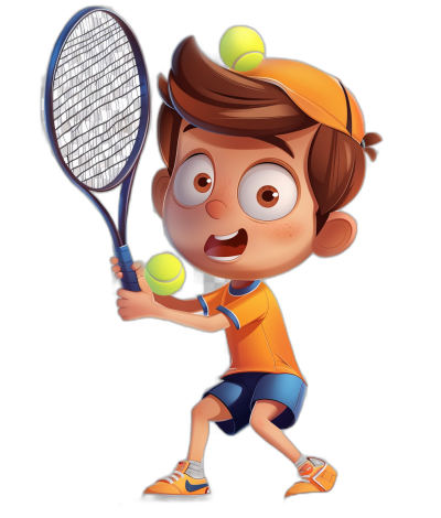 A boy playing tennis in the style of cartoon style children's book illustration, isolated on a black background in the style of Pixar artstyle.