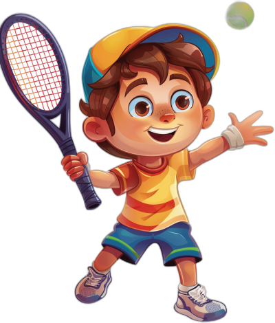 Cute cartoon character of a boy playing tennis, wearing a cap and shorts with shoes, vector illustration for a children's book, solid black background, bright colors, in the style of Pixar, a cute kid in the center of the picture, holding a racket and hitting a ball, wearing a colorful t-shirt, a cartoon child's face with big eyes, a smiling expression, a fun activity, vibrant sports attire, an energetic pose. Digital art graphic. Isolated on a white or transparent background. Vector Illustration. Cute Cartoon Style. Black Background.