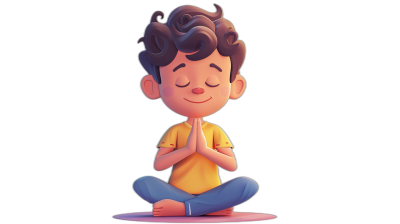 A cute boy doing yoga in the style of cartoon, cartoon style, simple background, black background, cartoon character design, simple and bright colors, 3D rendering, cartoon animation. The hands of the little girl were clasped together in prayer with closed eyes, wearing casual  and sitting on her knees. He was smiling happily at me. I have no teeth.