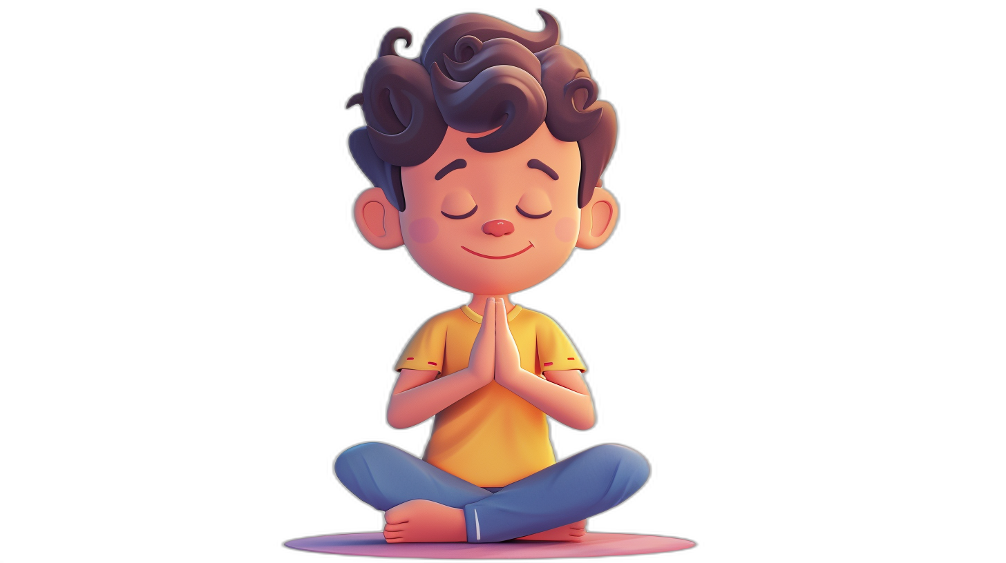 A cute boy doing yoga in the style of cartoon, cartoon style, simple background, black background, cartoon character design, simple and bright colors, 3D rendering, cartoon animation. The hands of the little girl were clasped together in prayer with closed eyes, wearing casual  and sitting on her knees. He was smiling happily at me. I have no teeth.