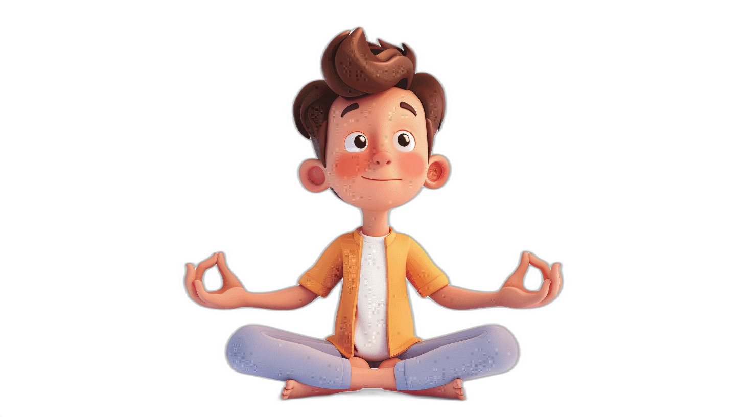 A cute boy sitting in a lotus position with a simple background and black background in the style of a cartoon, with 3D rendering and 2D game art style. Cute and colorful animated characters in the style of Disney Pixar cartoon character designs with simple , hands spread out from the sides of his body and resting on his knees with his eyes closed.