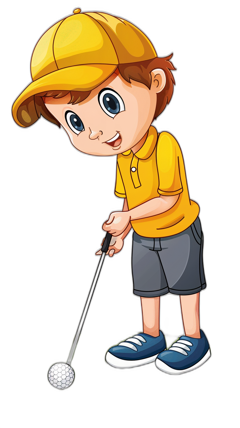 A cartoon boy playing golf, wearing a yellow cap and blue shoes, isolated on a black background, in a full body shot.