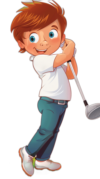 A cute cartoon boy playing golf, wearing white short sleeves and a blue jeans with a black background. The character is smiling happily while swinging the club to hit an iron ball towards his right side. He has brown hair and bright eyes. In the style of a cartoon, full body portrait, high definition. High resolution.