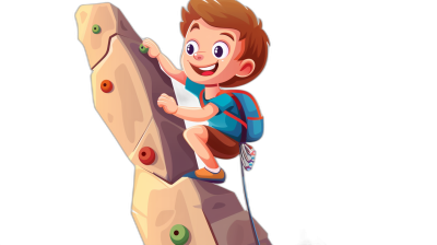 A cartoon-style boy climbing an indoor rock wall, isolated on a black background with a flat design. The character is dressed in sportswear and has brown hair. He's smiling as he preciously reaches the top of his target. A small backpack hangs from one shoulder. It was created using vector graphics software such as Adobe Illustrator, with a flat illustration, simple colors, simple lines, in the style of vector graphic style, and in the style of flat art style. There should be green wires attached to him that show energy. Isolated on a white background.