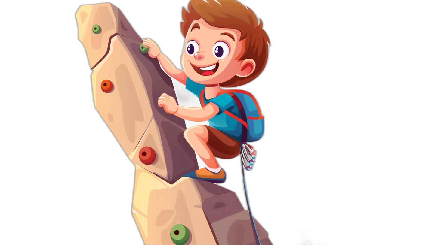 A cartoon-style boy climbing an indoor rock wall, isolated on a black background with a flat design. The character is dressed in sportswear and has brown hair. He’s smiling as he preciously reaches the top of his target. A small backpack hangs from one shoulder. It was created using vector graphics software such as Adobe Illustrator, with a flat illustration, simple colors, simple lines, in the style of vector graphic style, and in the style of flat art style. There should be green wires attached to him that show energy. Isolated on a white background.