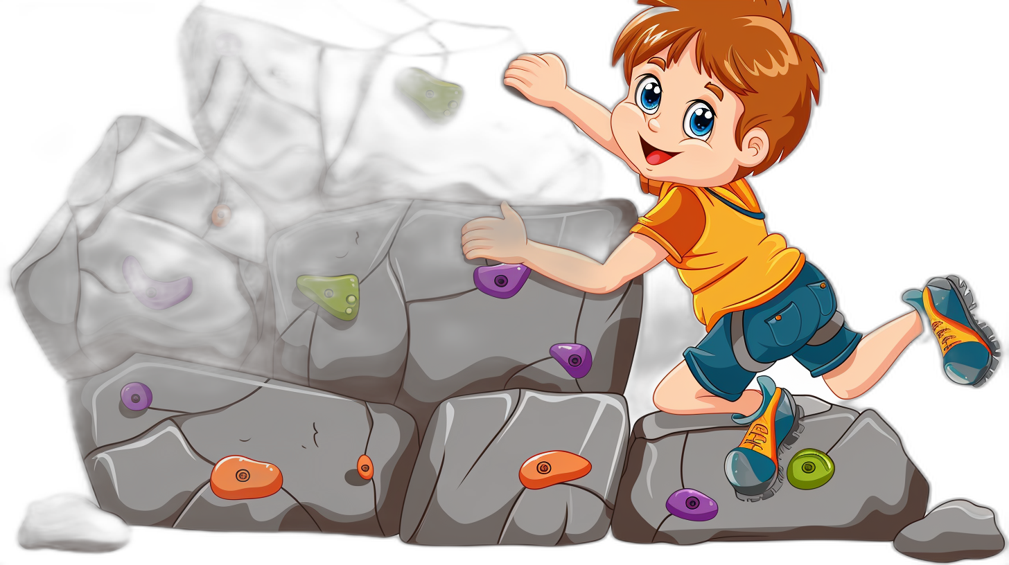 A cartoon-style boy climbing a rock wall with colorful handles and boulders on a black background, a vector illustration for game art. The character is wearing blue shorts, an orange shirt, white sneakers, has brown hair and big eyes. He’s reaching out to hold onto the rocks while trying not to fall off. There should be several colored boulders scattered around him in the style of.