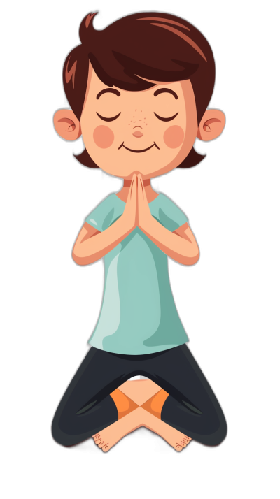 A cute cartoon boy doing yoga in a flat illustration style with a black background and simple details. The little boy is wearing blue short sleeves and gray pants with his legs crossed behind him and hands clasped together in a prayer pose, eyes closed with a smiling expression. He has an overall dark color scheme with high contrast, soft lighting, and simple lines.