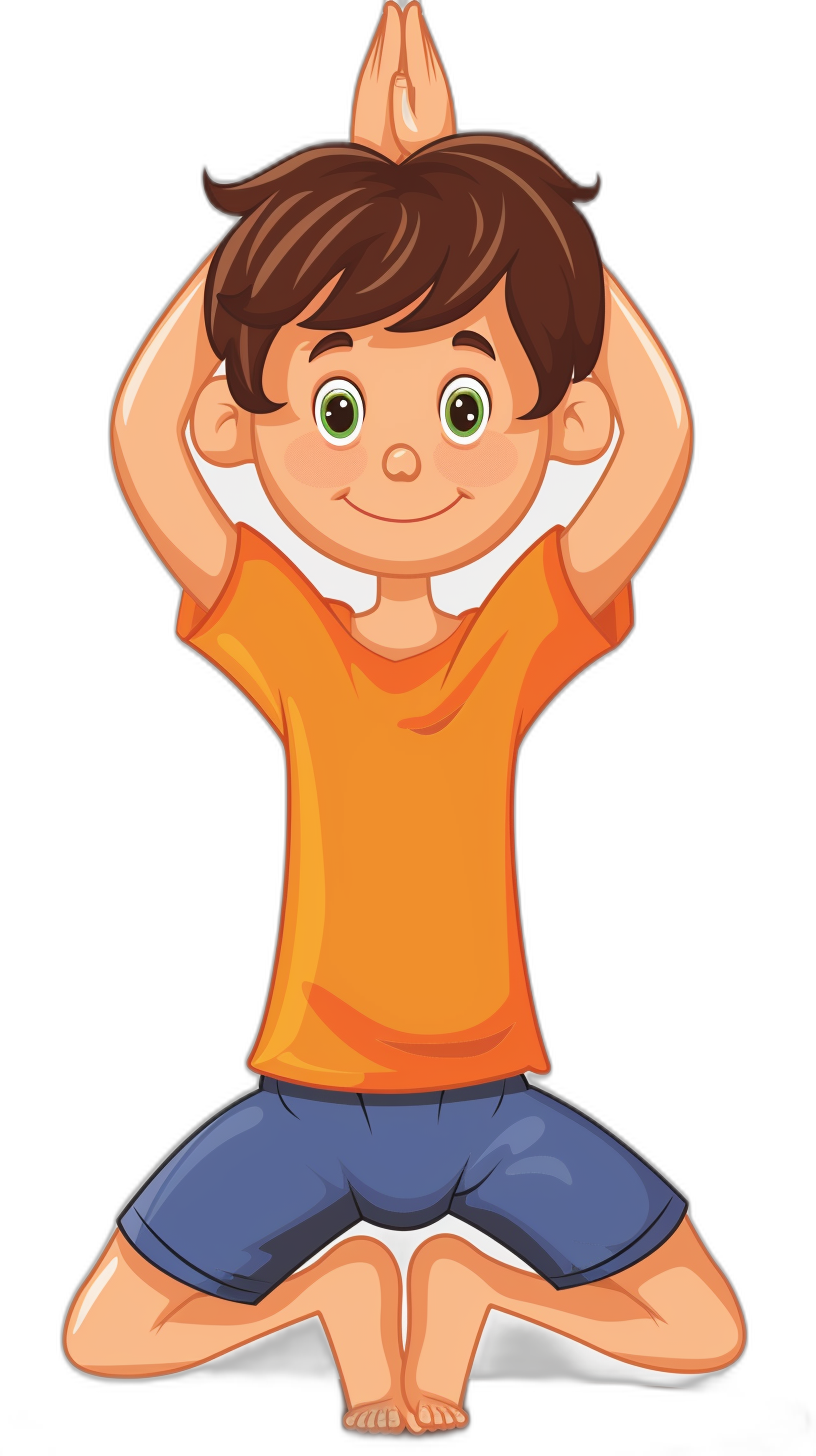 A cute cartoon boy doing yoga, vector illustration with solid black background for removing the background