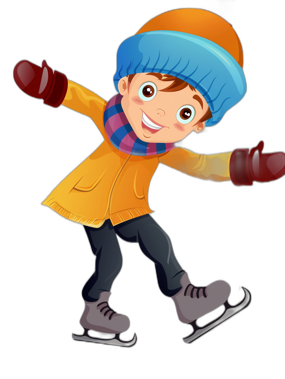 A cartoon boy ice skating, wearing winter  and gloves, in the style of clip art with simple shapes, isolated on a black background, cute and cheerful, a high resolution vector illustration with high quality, high detail, high definition, and high sharpness, high contrast, high color saturation, high vividness, a solid white outline and solid white fill, a 2d digital drawing with a simple, flat design using simple shapes, vector artwork, vector graphics, vector lines, and a vector illustration, clip art.